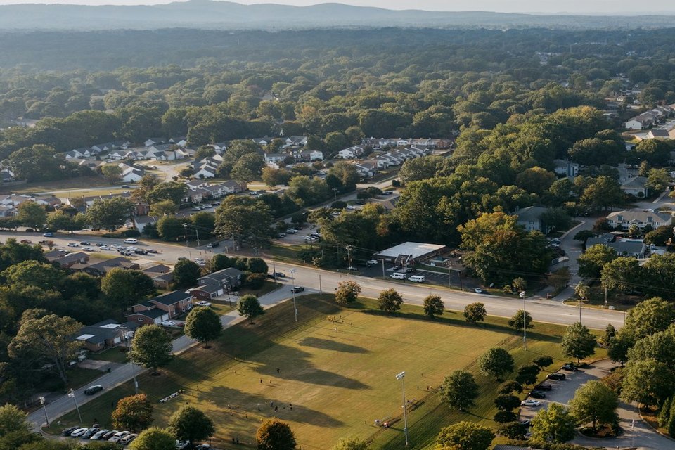 Aerial of a tree-lined Middle Tennessee neighborhood